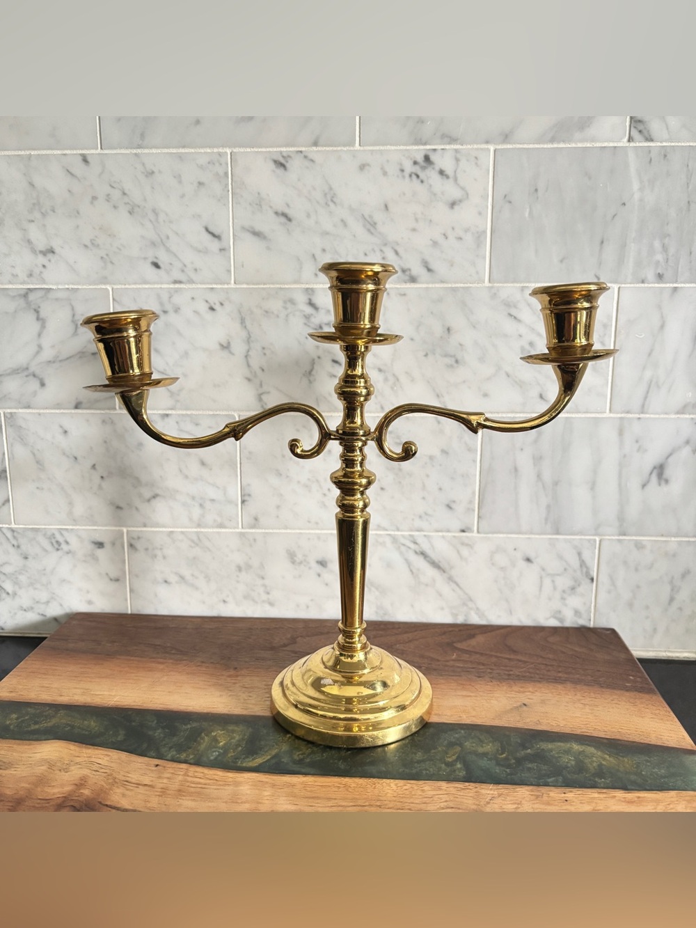 Vintage Brass Scroll 3 Arm Candelabra